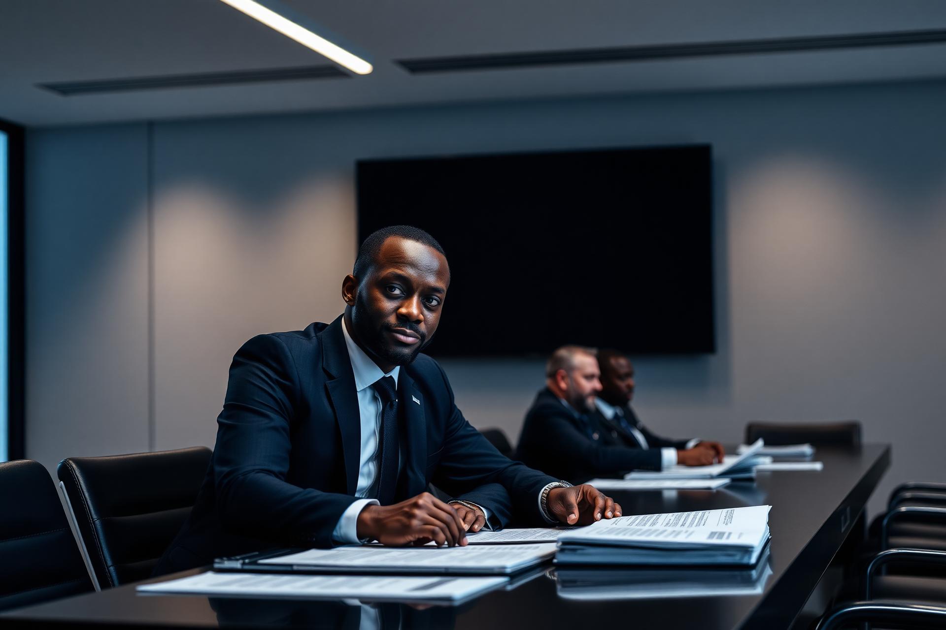 Black African executive in modern boardroom meeting