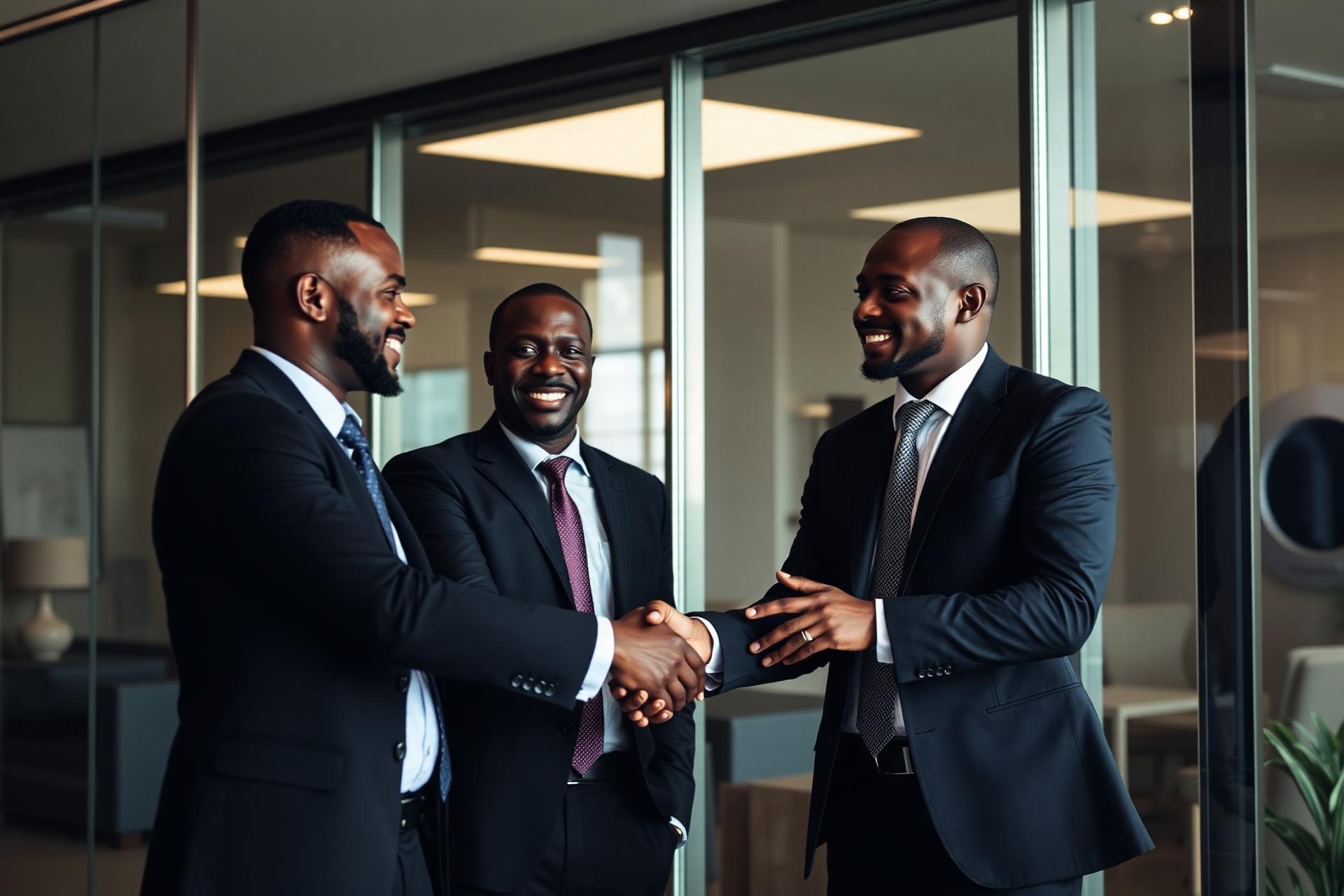 African business professionals shaking hands closing a deal