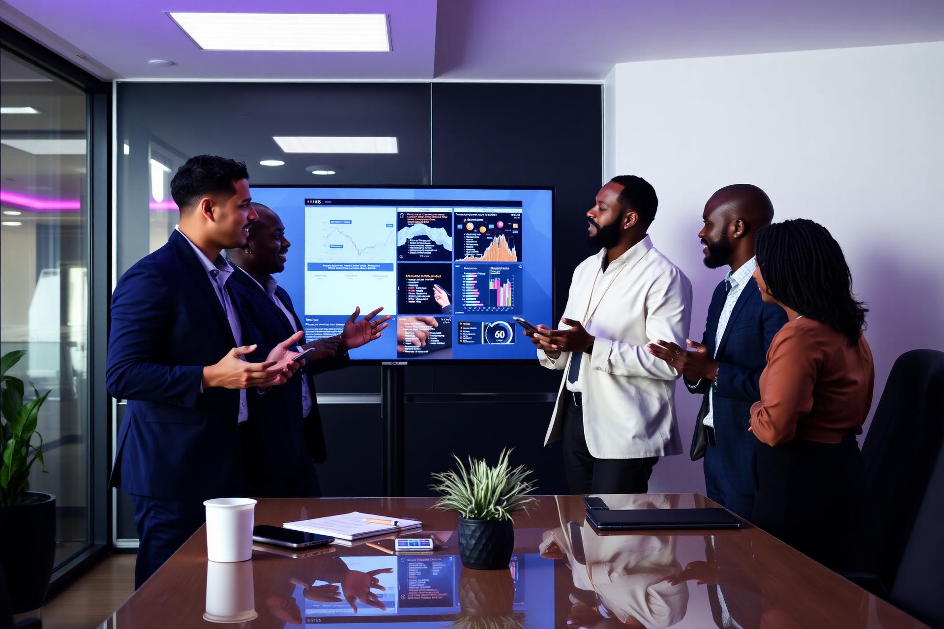 Enterprise team reviewing strategy data in a modern office