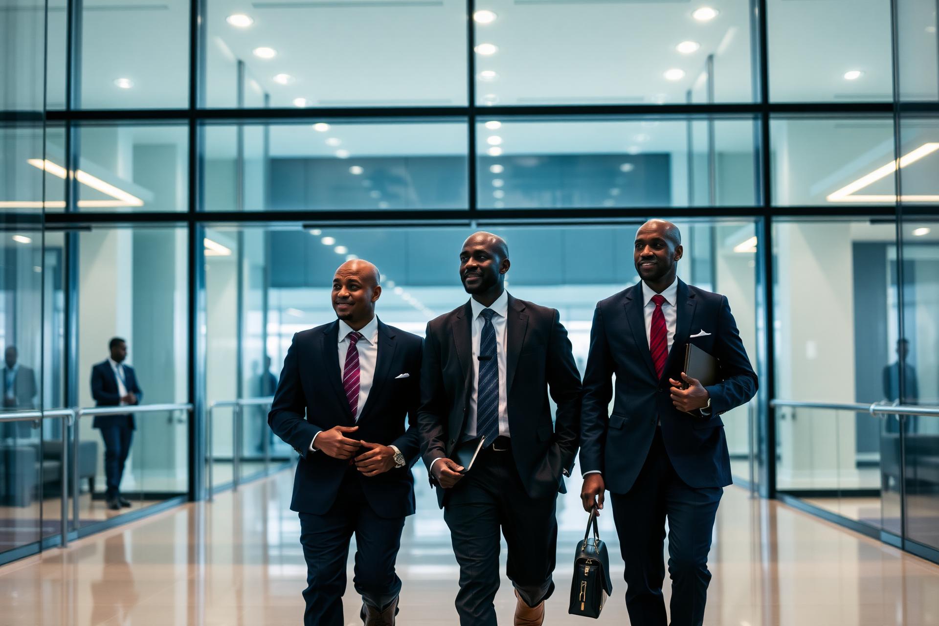 African business executives walking through modern corporate lobby